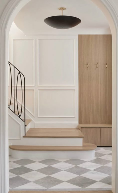 Checked Floor Entry, Tile Entryway Transition To Wood Stairs, Checkered Marble Entryway, Tiles For Entrance Of House, Townhome Staircase, Exterior Home Renovation Ideas, Checkered Floor Foyer, Marble Threshold Transition, Wanes Coating Entry Way