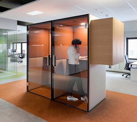 Office Telephone Booth, Telephone Booth Office, Office Phone Booths, Phone Booth In Office, Office Phone Booth Design, Phone Booth Design, Workspace Design Office, Modern Office Lobby, Office Booth