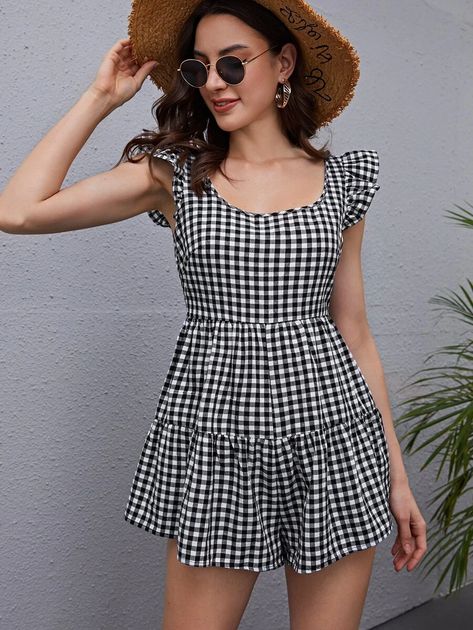 Gingham Romper, Black Gingham, Shein Style, Rompers Women, Cap Sleeve, Jumpsuits For Women, Summer Women, Cap Sleeves, Fashion News