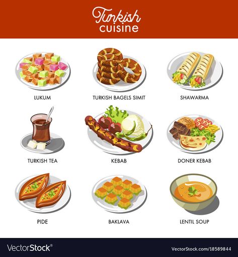 Turkish cuisine food and traditional dishes Vector Image Turkey Traditional Food, Turkey Street Food, Turkish Shawarma, Turkey Restaurant, Turkish Food Recipes, Turkish Food Traditional, Turkish Street Food, Pide Bread, Food Turkish