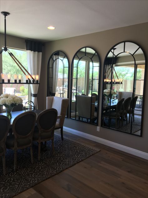 Window Mirror Dining Room, Mirror In The Dining Room, Dining Room With Mirrors, 3 Mirrors In Dining Room, Dinning Room Mirror Ideas Wall, Mirror For Dining Room Wall, Mirrors In Dining Room Wall, Mirror Behind Dining Table, Kitchen Mirror Ideas