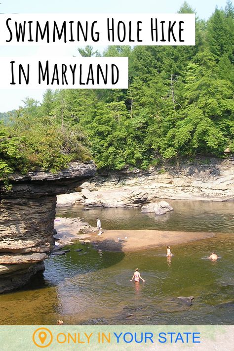 If you're looking for an outdoor adventure this summer. There are few better ways to enjoy nature than on this swimming hole hike in Maryland. The trail is easy and you'll be treated to scenic waterfall views. It's a great place to cool off and kayak after it rains. Hiking In Maryland, Maryland Day Trips, Maryland Vacation, Deep Creek Lake Maryland, Visit Maryland, Deep Creek Lake, Swimming Hole, Swimming Holes, Fall Travel