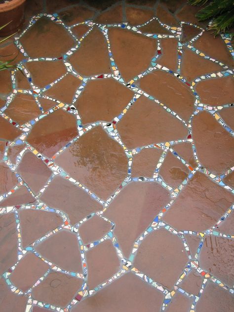 Flagstone and Mosaic Patio-Detail Mosaic Patio Ideas, Mosaic Between Flagstone, Outdoor Mosaic Ideas, Mosaic Patio, Mosaic Walkway, Tiles Art, Flagstone Patio, Garden Stepping Stones, Garden Walkway