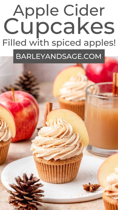 These brown butter apple cider cupcakes are super moist and full of flavor from the fall spices and apple cider! Topped with brown butter cream cheese frosting and garnished with sliced apples, they taste like fall with every bite! Apple Cider Cream Cheese Frosting, Fall Apple Cupcakes, Apple Cider Cupcake, Apple Cider Cupcakes With Brown Sugar, Apple Cider Frosting, Apple Cider Cupcakes, Brown Butter Cream Cheese Frosting, Apple Cider Cookies, Brown Butter Cream Cheese