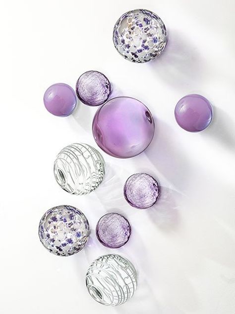 WALL SPHERES - LAVENDER & WHITE ~ Set of 10 Wall Spheres, Glass Wall Decoration, Blown Glass Wall Art, Ornaments For Living Room, Gift Shop Displays, Glass Art Installation, Sea Glass Art Diy, Crystal Room, Living Room Ornaments