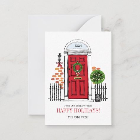 Christmas Front Door Illustration, Front Door Christmas Card, Christmas Door Watercolor, Christmas Door Drawing, Christmas Cards Cute Drawing, Christmas Postcards Ideas, Christmas Door Card, Cute Handmade Christmas Cards, Illustration Christmas Card