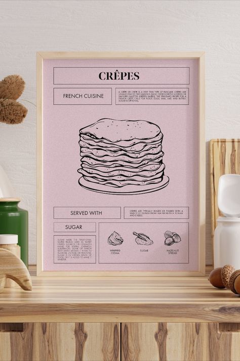 Recipes Poster Design, Crepe Poster Design, Recipe Poster Design, Crepe Illustration, Recipe Graphic Design, Breakfast Design Poster, Croissant Menu Design, Recipe Decor, Dining Room Retro