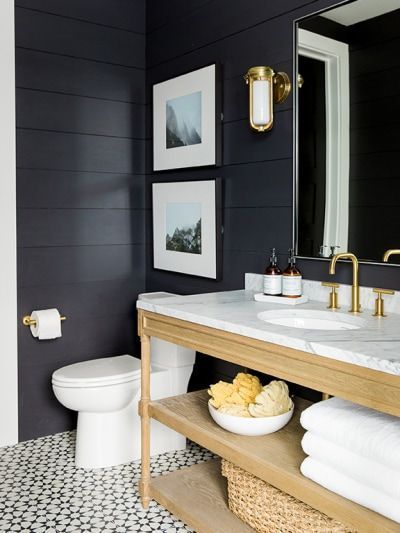 #homedecor #homedecorideas #homebody #interiordesign #interiordesigninspiration Black And White Bathroom Floor, Mcgee Bathroom, Farmhouse Bathroom Remodel, Rustic Farmhouse Bathroom, Farmhouse Bathroom Decor Ideas, Black Paint Color, Shiplap Bathroom, Modern Mountain Home, Vogue Living