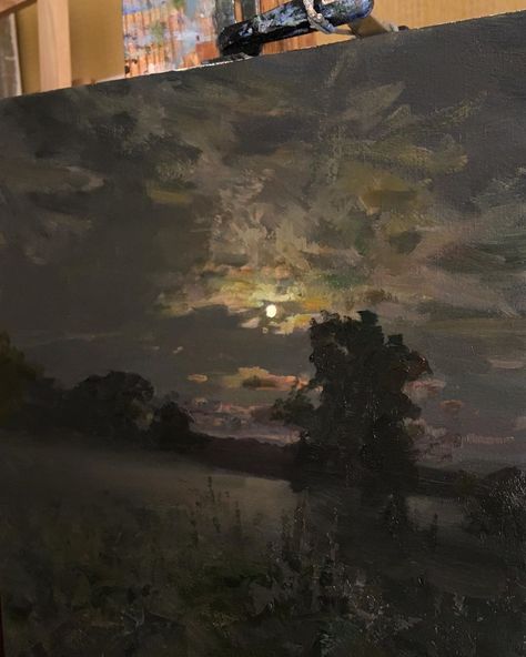 Impressionism Art Landscape Easy, Night Nature Painting, Night Sky Landscape Painting, Rain Landscape Painting, Summer Night Painting, Nighttime Paintings, Rain Painting Acrylic, Dark Sky Painting, Night Time Art