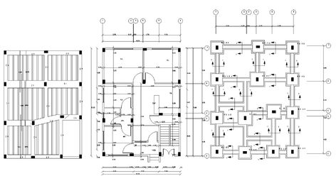 Bungalow Floor Plan With Working Drawing AutoCAD File - Cadbull this is the planning of a huge residential bungalow layout plan with working drawing dimension, column foundation, centerline marking and dimension, excavation line out plan in it, column layout plan in house design and column beam marking in slab. Column Layout Plan, Bungalow Layout, Bungalow Floor Plan, Building Plan Drawing, House Pillars, Commercial Building Plans, Building Columns, House Columns, Floor Plan With Dimensions