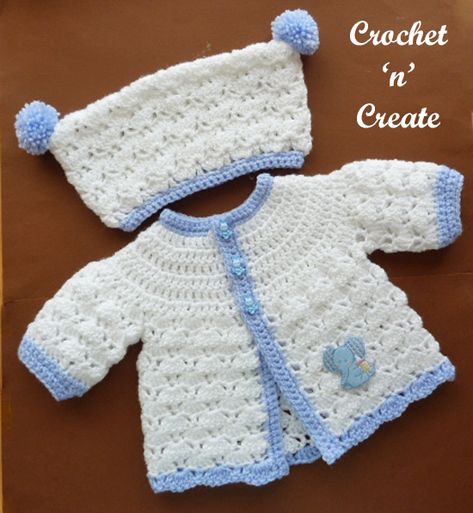 Make this crochet newborn baby set to bring baby home in, it is cute and quick to crochet using only two stitches, finished with pom-poms and ............. New Born Baby Free Crochet Patterns, New Born Crochet, Newborn Crochet Cardigan, Crochet Newborn Set, Crochet New Born Baby Sets, Crochet Baby Sweater Sets, Crochet Baby Sweater Pattern, Crochet Baby Jacket, Crochet Baby Sweaters