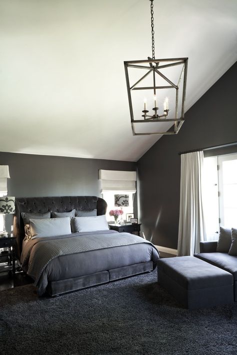 Interior Design: Kishani Perera   kishaniperera.com/ Photography: Jean Randazzo   jeanrandazzo.com/   View more: http://stylemepretty.com/vault/gallery/14276 Dark Grey Carpet Bedroom, Charcoal Grey Bedrooms, Grey Carpet Bedroom, Black And Grey Bedroom, Dark Gray Bedroom, Dark Grey Carpet, Blue Gray Bedroom, Bedroom Ideas For Men, Grey Bedroom Design