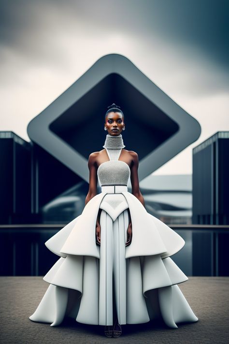 Lexica - Haute Couture Fashion Model in the style of Alexander McQueen in front of futuristic building by Gareth Pugh Futuristic Royalty Fashion, Futuristic Fashion Sketches, Avangard Fashion Style, Futuristic Design Fashion, Futureristic Fashion, Sci Fi Fashion Futuristic, Space Fashion Futuristic, Futuristic Gown, Future Fashion Futuristic