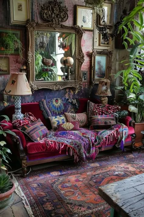 Scandi Boho Living Room, 1970s Living Room, Lounge Green, Dark Boho Living Room, Maximalist Living Room, Repurposed Decor, Maximalist Decor, Bohemian Living Room, Living Room Green