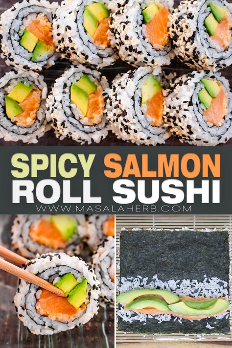 We show you how to prepare a homemade spicy salmon roll sushi. This is a spicy inside-out sushi roll with raw salmon fish. I have added instructions for using cured salmon. Homemade Sushi Salmon, Homemade Sushi Rolls Recipes, Salmon Roll Sushi, Salmon Sushi Recipes, Spicy Salmon Roll, Sushi Ideas, Japanese Mayo, Salmon Sushi Rolls, Sushi Bowl Recipe