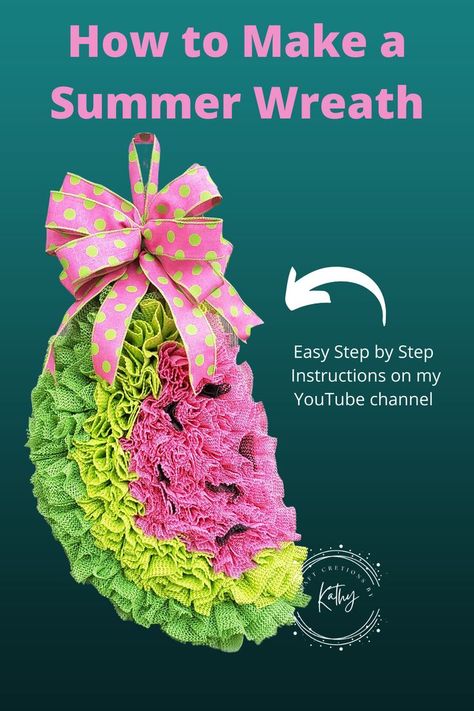 Learn how to make a Watermelon wreath. Learn how to make a wreath using shelf liner. Kathy’s YouTube video will give you step by step instructions. Watermelon Wreath Ideas, Wreaths For Front Door Diy, Front Door Diy, Mesh Crafts, Watermelon Wreath, Deco Mesh Crafts, Vinyl Shelf, Fruit Wreath, Make A Wreath