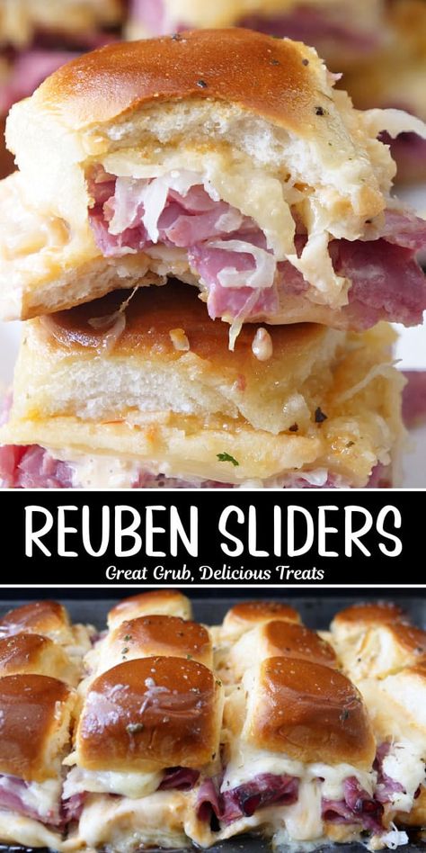 Reuben Sliders are perfect as a party snack or fun lunch or dinner recipe made on Hawaiian roll with delicious corned beef, Swiss cheese and sauerkraut, smother with thousand island dressing then top with garlic butter, and baked. Reuben Sliders, Reuben Recipe, Reuben Sandwich Classic, Thousand Island, Thousand Island Dressing, Dinner Sandwiches, Pizza Sauce Homemade, Hawaiian Rolls, Ground Beef Recipes Easy