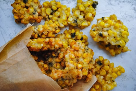 Asian Corn Fritters, Japanese Corn Recipe, Asian Corn Recipes, Japanese Side Dishes, Corn Dessert, Japanese Tempura, Corn Fritter, Gold Ticket, Only Daughter