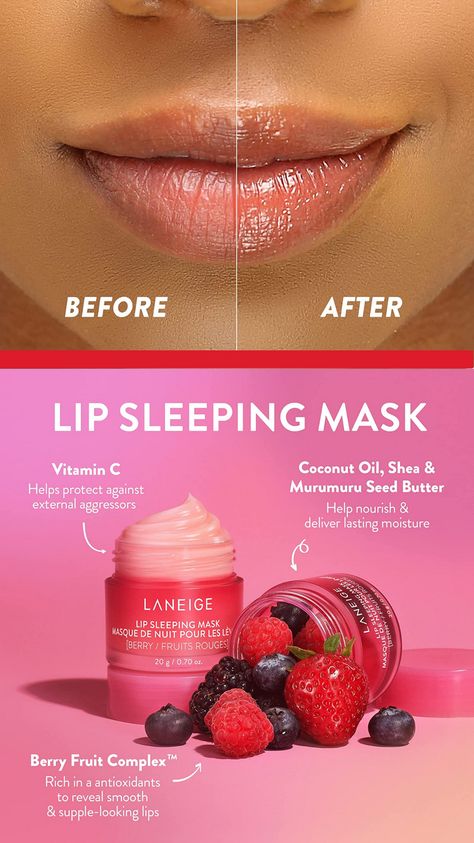 LANEIGE, Lip Sleeping Mask, nourish, hydrate, Vitamin C, antioxidants, 0.7 oz, dry lips, chapped lips, soft lips, smooth lips. Diy Overnight Lip Mask Recipe, Say Goodnight, Laneige Lip, Night Mask, Laneige Lip Sleeping Mask, Berry Fruit, Pretty Skin Care, Smooth Lips, Lip Sleeping Mask