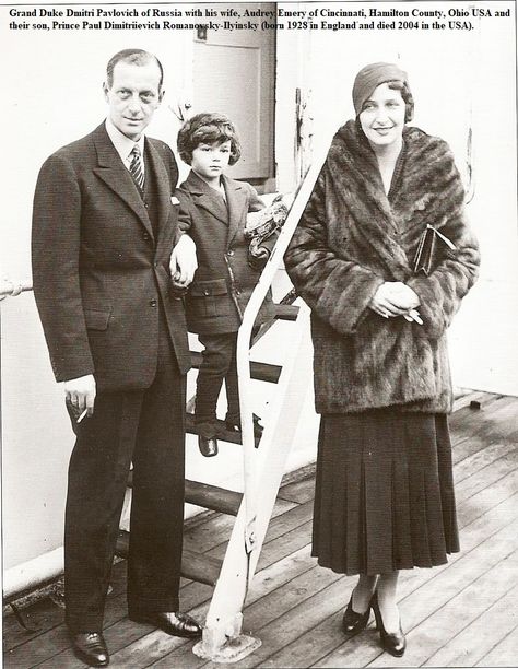 Grand Duke Dmitri Pavlovich of Russia with his wife, Audrey Emery of Cincinnati, Hamilton County, Ohio USA (United States of America)and their son, Paul. Paul's descendants live in Ohio, in the Cincinnati area. Paul passed away in 2004 in Palm Beach, Florida, USA. Dmitri Pavlovich, Maria Pavlovna, Prince Paul, Olga Romanov, Nicolas Ii, House Of Romanov, Romanov Dynasty, Tsar Nicholas Ii, Tsar Nicholas