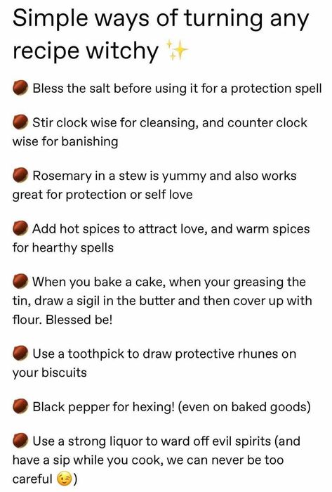 Spell Recipes Food, Baking Witchcraft, Cooking Spells, Witchcraft Practice, Witch Things, Witchcraft Spells For Beginners, Witchy Tips, Wiccan Magic, Witch Spirituality