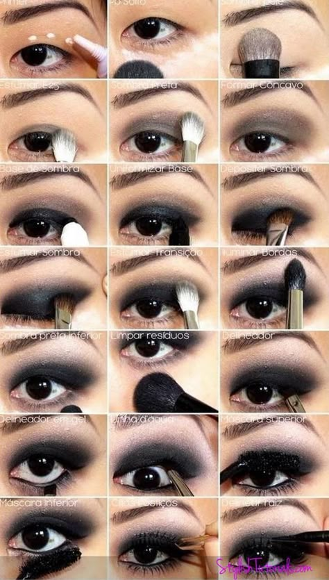 Step by Step Black Eye Makeup Tutorial Rock Makeup Looks Hooded Eyes, Emo Easy Makeup, Gothic Eye Makeup Hooded Eyes, Goth Makeup Step By Step, Grunge Smokey Eye Makeup, Formal Gothic Makeup, Mcbling Eye Makeup, Gothic Eye Makeup Tutorial, Dark Easy Makeup