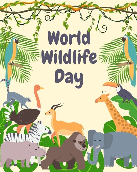 World Wildlife Day Poster, Wildlife Day Poster, Yellow Illustration, World Wildlife Day, Wildlife Day, Front Page Design, Save Wildlife, Poster Drawing, Animal Habitats