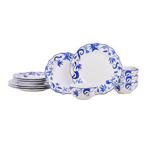 Buy 222 Fifth Ayla Porcelain Dinnerware Set, 12 Piece, Blue at Walmart.com Blue Dinnerware Sets, Entertaining Garden, White Dinnerware Set, Fuchsia Flower, Plastic Dinnerware, Casual Dinnerware, Porcelain Dinnerware, Color Story, Modern Romance