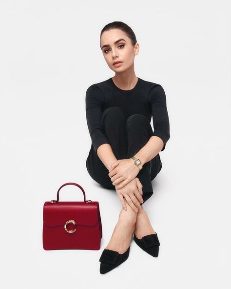 Lily-Collins-Panthere-Cartier-Bag-Campaign01 Cartier Handbags, Star Actress, Cartier Panthere, Emily In Paris, Capri Blue, Lily Collins, Studio Portraits, High Jewelry, Black Outfit