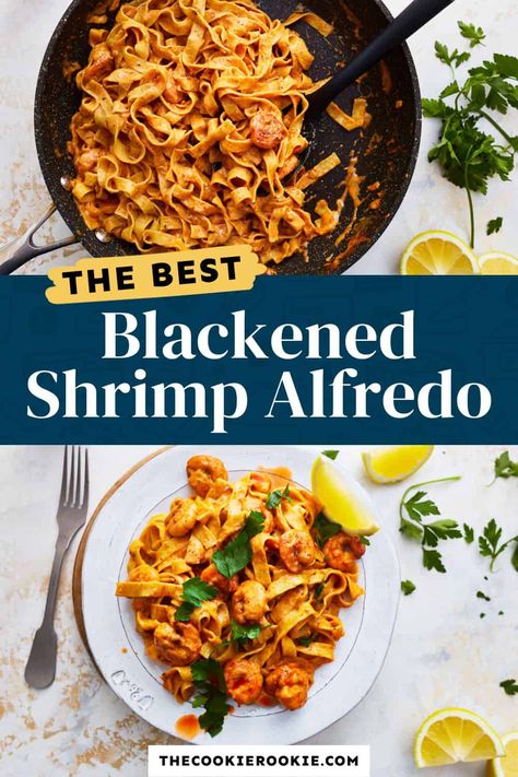 This Blackened Shrimp Alfredo recipe is so easy and so flavorful, making it the perfect weeknight dinner! Quickly cook up some shrimp with blackened seasoning, then mix it with fettuccine and creamy alfredo sauce for a delicious pasta dinner. Shrimp Meals, Shrimp Alfredo Recipe, Shrimp Fettuccine Alfredo, Creamy Alfredo Sauce, Beef Recipe Instant Pot, Blackened Shrimp, Blackened Seasoning, Easy Pasta Dinner, Shrimp Alfredo