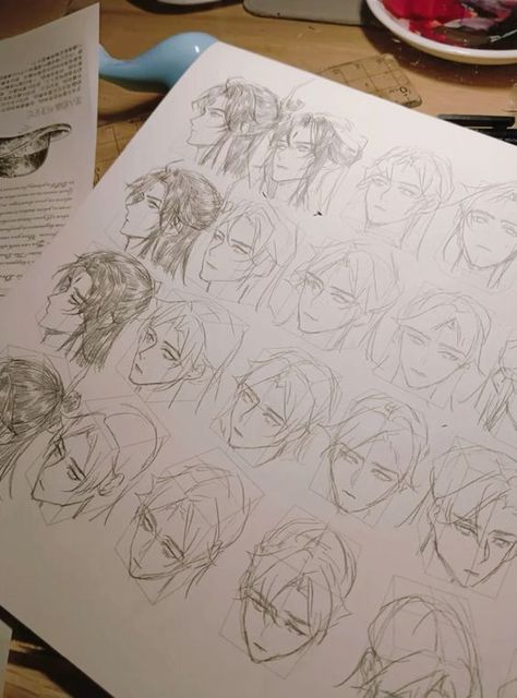 Doing Hair Reference, Drawing Paper Sheet, Manhua Art Style Tutorial, Xiaohongshu Drawing Tutorial, How To Draw Long Hair Male, How To Draw Boy Face, Boy Hair Ideas Drawing, Manga Face Tutorial, Boy With Long Hair Drawing