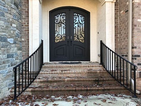 Exterior residential custom wrought iron railings in Raleigh NC - deck, porch rails aluminum and iron - Durham welding, repair, design, fabrication of aluminum & iron beds, balconies, decks, lawn, garden, spiral stairs, gates, fences, railings. Front Porch Deck Railing Ideas, Wrought Iron Stair Railing Outdoor, Exterior Stairs Design, Porch Step Railing, Wrought Iron Railing Exterior, Wrought Iron Porch Railings, Outdoor Railings, Porch Rails, Iron Railings Outdoor