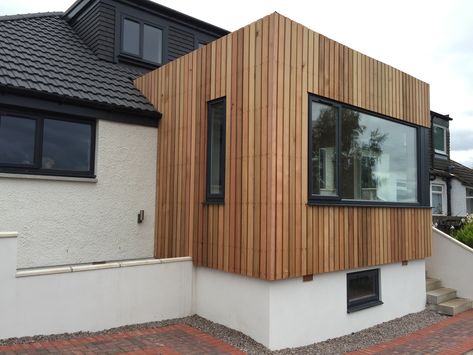 vertical western red cedar and white render on Milngavie extension design by Milngavie architects Cladding On Bungalow, Wood Clad Bungalow, Vertical Wood Cladding, Timber Clad Bungalow, Side Infill Extension, Two Storey Oak Frame Extension, Rendered Houses, Modern Bungalow Exterior, Cedar Cladding