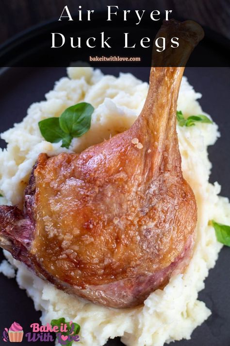 Perfectly crispy duck legs in minutes makes a gourmet dinner easy, served on mashed potatoes with oregano garnish. Roasted Duck Legs Recipe, Air Fryer Duck, Duck Leg Recipes, How To Cook Duck, Celeriac Mash, Cherry Sauce Recipe, Roasted Duck Recipes, Confit Recipes, Food Chinese