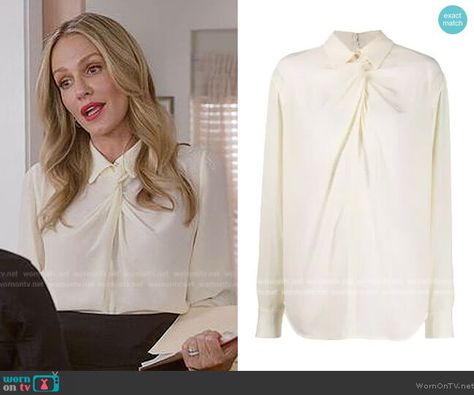 Laura’s white twist neck blouse on All American. Outfit Details: https://wornontv.net/317742/ All American Outfit, Laura Baker, Monet Mazur, Ribbed Cardigan, All American, Striped Knit, Outfit Details, Victoria Beckham, Silk Blouse