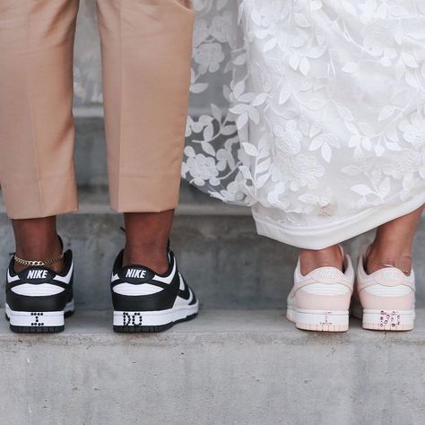 Wedding Dresses Sneakers, Groom Wearing Sneakers, Sneakers At Wedding, Engagement Photos Jordan Shoes, Bride And Groom Nike Shoes, Matching Wedding Sneakers Bride And Groom, Matching Wedding Shoes Bride And Groom Nike, Wedding Matching Sneakers, Nike Wedding Shoes Brides