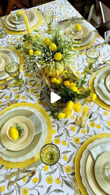 Lori  🍽️🥂 on Instagram: "I think I’m going to call this season, “The Summer of Lemons” 🍋 as I just can’t stop using this bright and cheerful fruit in my tablescapes! 😊  When I received this gorgeous “yellow flowering gums” tablecloth and pretty striped napkins from @thedecormantraus (gifted), I was once again, inspired to bring out the lemons. 🍋🍃🌼🍃🍋  In a time where everything seems to be mass produced, it was wonderful to see that @thedecormantraus handcrafts their linens. Their company is originally based in Australia but they have recently expanded to the US. They offer a terrific selection of beautiful handmade products and ship worldwide. You will definitely want to check them out.   You can see more of this tablescape in stories where I’ll also have links to this fantastic t Lemon Tablescape, Tablescape Inspiration, Table Decorating, Lace Table Runners, Burlap Lace, Handmade Table, Victorian House, Victorian Homes, Handmade Products