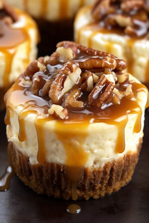 Mini Pecan Pie Cheesecakes - That Oven Feelin Mini Pecan Cheesecakes, Mini Pecan Pie, Mini Pecan Pies, Pecan Pie Cheesecake, Mini Cheesecake Recipes, Bite Size Desserts, Pecan Recipes, Cheesecake Desserts, Cheesecake Bites