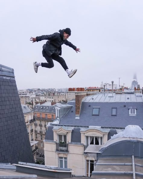 The Art & Origins of Running Across Paris Rooftops Running Jump Pose Reference, Person Jumping Reference, Person Running Reference, Poses Jumping, Running Reference, Person Jumping, Jumping Poses, Running Pose, Running Posters