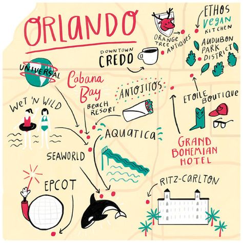 Fatti Burke - Map of Orlando - Cara Magazine Orlando Illustration, Maps Illustration Design, Maps Illustration, Orlando Map, Illustrated Maps, Map Murals, Orlando Travel, Map Illustration, Vibe Check