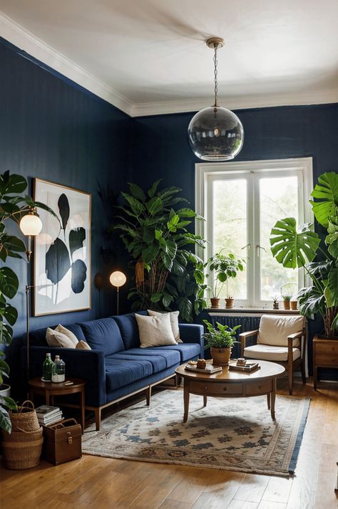 Keep ALIVE: 10 Best LOW Light Indoor Plants (Easy Care) Plants In Lounge, Navy And Green Living Room, Indoor Plants Decor Living Room, Seattle Apartment, Navy Living Rooms, Low Light Indoor Plants, Dark Green Walls, Blue Living Room Decor, Living Room Plants