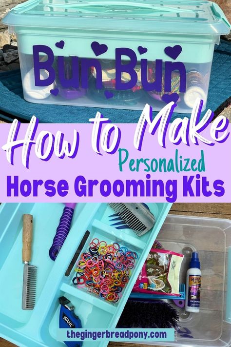 A horse grooming kit is by far, one of the most important must-have supplies for any horse owner or rider. But, what should you put in a horse grooming kit? Believe it or not, you can start out with some simple grooming essentials. We took our DIY horse grooming kit a step further and personalized our homemade kit! Head to our blog for the directions and tips for your own kit. #diy #horse #equestrian #thegingerbreadpony Horse Show Grooming Tips, Diy Equestrian Stuff, Dollar Store Horse Hacks, Diy Horse Accessories, Horse Brush Organization, Horse Grooming Tips, Horse Must Haves, Horse Necessities, Horse Diy Crafts