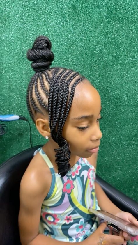 Kids Braided Bun Hairstyles Black, Cornrow Ponytail With Bangs, Braided Buns For Black Hair Kids, Skl Hairstyles, Girls Cornrow Hairstyles, Braids For Black Kids, Kid Braids, Braided Buns, Toddler Braids