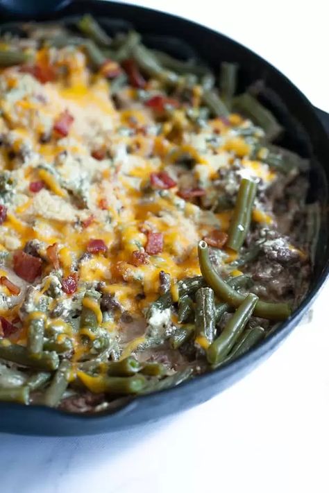 Green Bean Ground Beef Casserole, Ground Beef Bariatric Recipes, Keto Ground Beef And Green Beans, Beef Green Bean Casserole, Beef And Green Bean Casserole, Beef And Green Beans Recipe, Green Bean Casserole Recipes, Bean Casserole Recipes, Cheeseburger Skillet