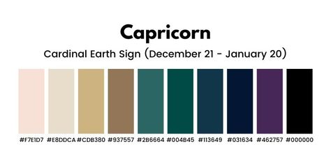 Zodiac Sign Colors Palette Capricorn, Capricorn Colors Palette, Zodiac Color Palette Capricorn, Capricorn Colour Palette, Capricorn Aesthetic Clothes, Capricorn Venus Makeup, Capricorn Colours, Capricorn Color Palette, Capricorn Colors