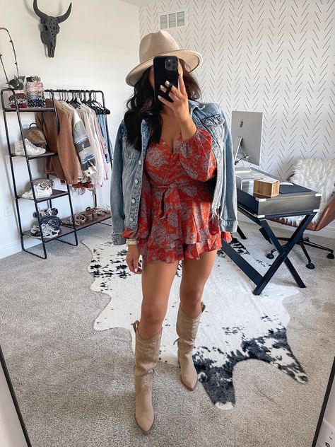 Western Boots Outfit Fall, Fall Romper Outfit, Romper Outfit Fall, Romper With Boots, Romper And Boots, Boots Outfit Fall, Winery Outfit, Fall Romper, Western Boots Outfit