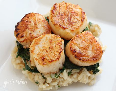 These seared sea scallops over wilted spinach and parmesan risotto is an elegant dish, perfect for a special occasion. Skinnytaste Dinner, Seafood Dinners, Weigh Watchers, Advocare Recipes, Parmesan Risotto, Wilted Spinach, Seared Scallops, Risotto Recipe, Sea Scallops