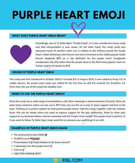 Purple Heart | What Every Purple Heart Emoji Really Means What Does Purple Heart Emoji Mean, Blue Heart Emoji Meaning, Heart Color Meanings Emoji, Purple Heart Emoji, Purple Heart Meaning, Different Color Emoji Hearts Meaning, Hand Emoji Meanings, Purple Emoji, Emoji Pop