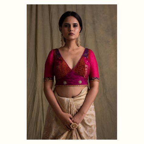 Deep V Neck Blouse Indian, V Shape Blouse Designs, Banarasi Saree Blouse, Embroidered Saree Blouse, Banarasi Blouse, Brocade Blouse Designs, Long Blouse Designs, Patch Work Blouse Designs, Blouse Designs High Neck