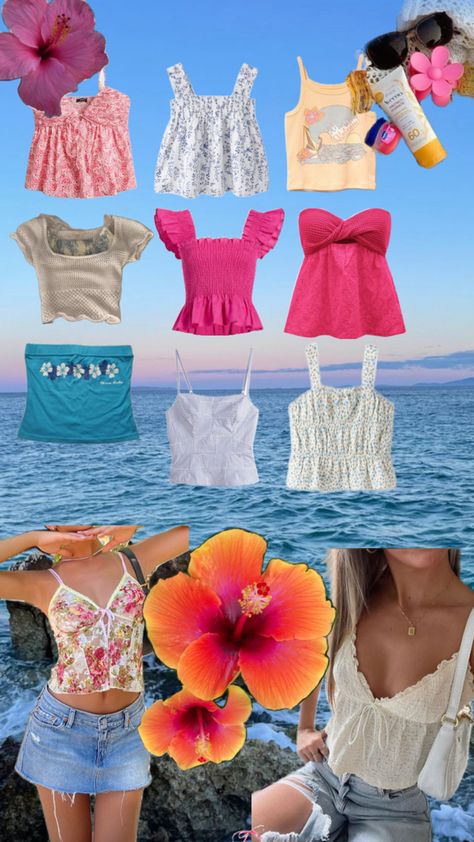 Summer 2024 shirt/top inspiration for the beach! Teen Girls Summer Outfits, 13 Year Girl, Hawaii Outfits, Teen Summer, Summer 2025, Spring Fits, Coconut Girl, Inspo Board